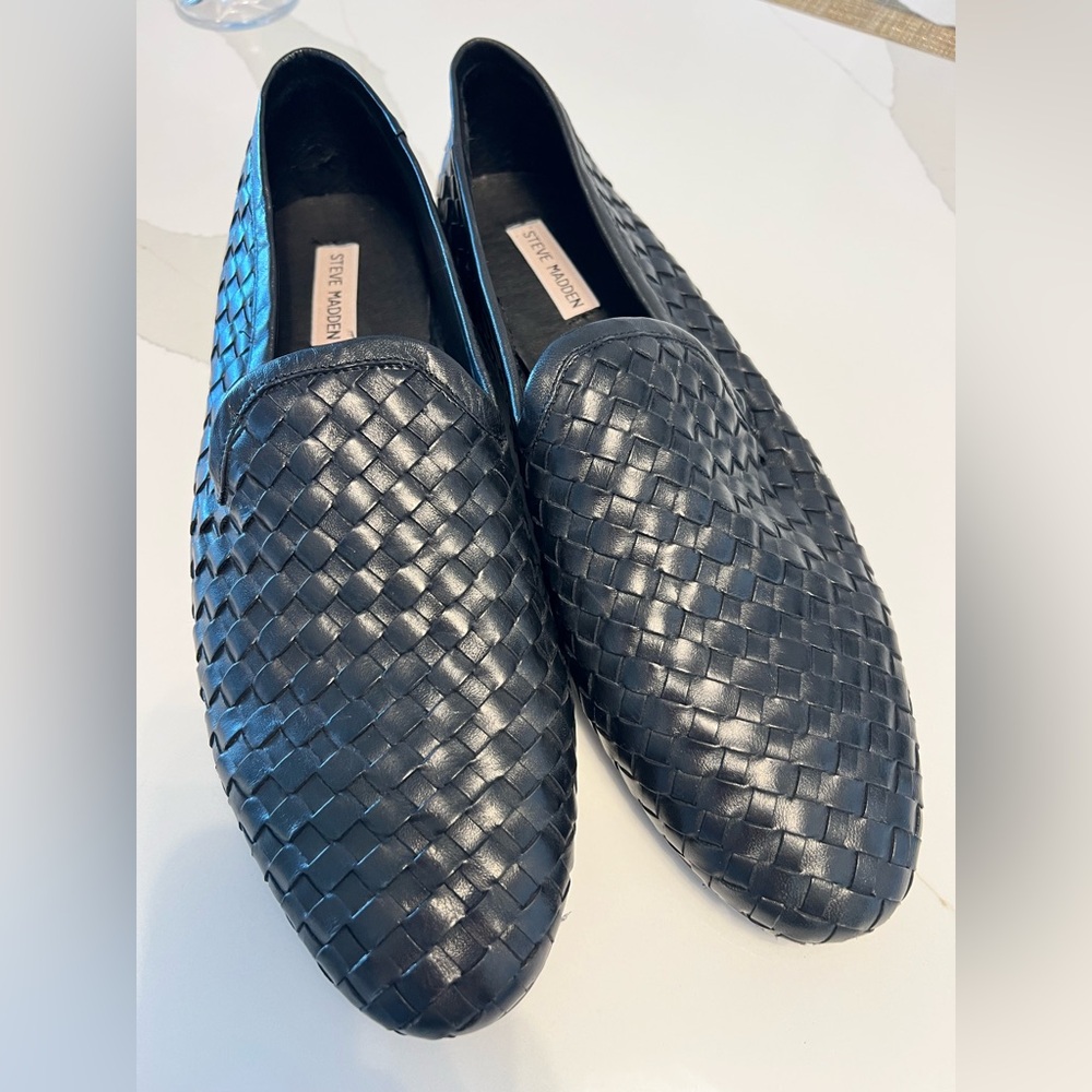 New $195 Steve Madden Plano woven Intrecciato black leather loafers shoes 10